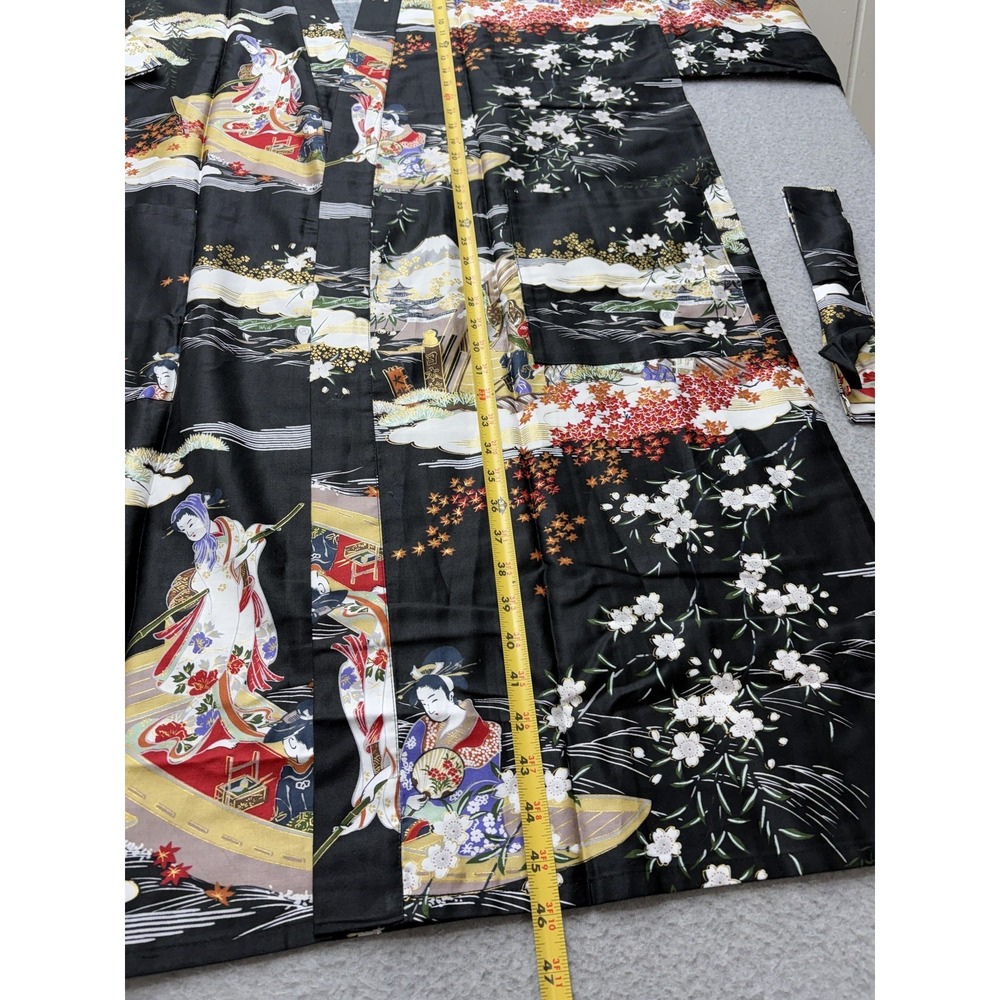 Oriental Bazaar Kimono Robe Womens XL Black Cotton Belted Floral Scenic Print - Picture 10 of 14
